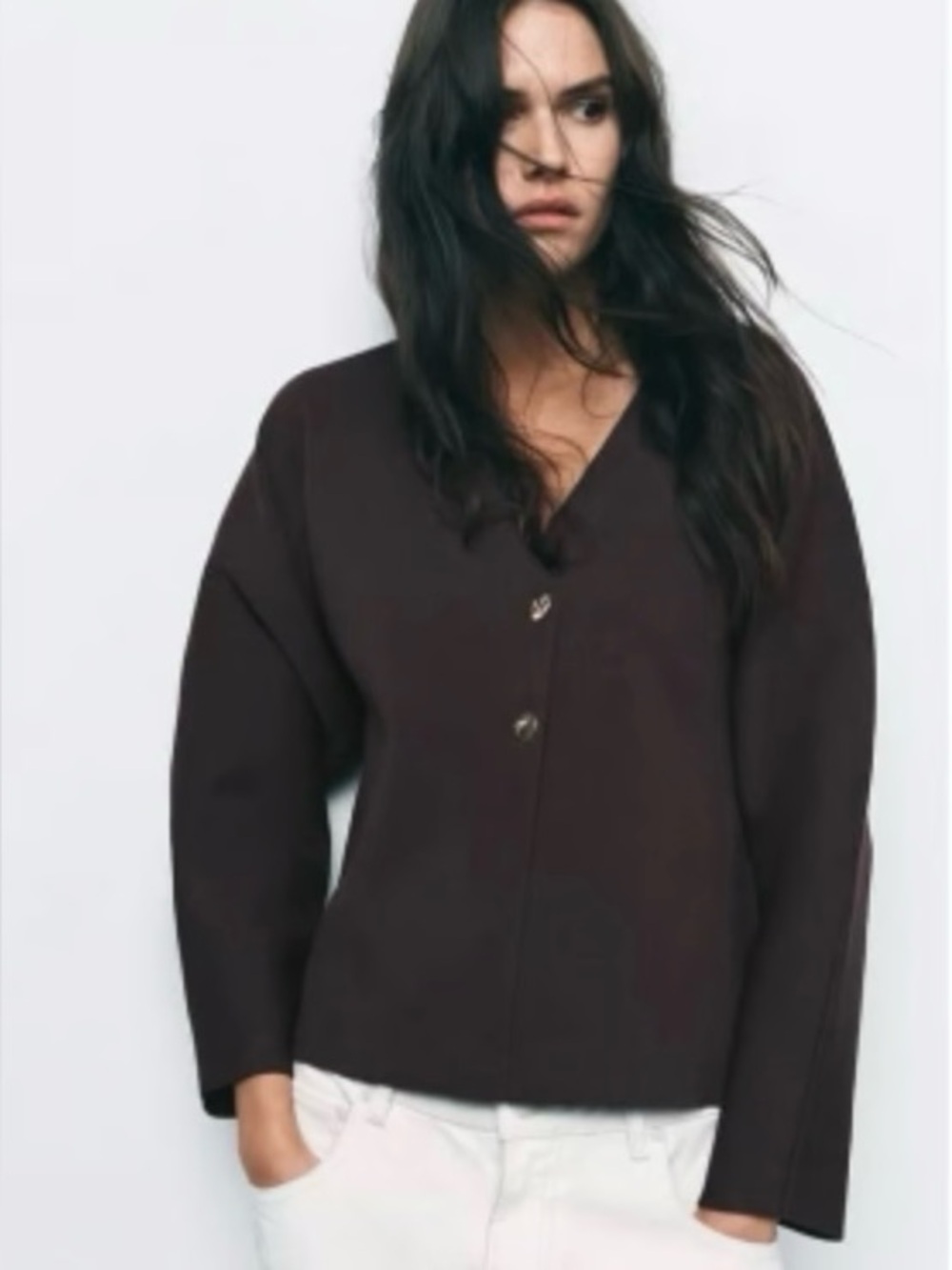 Zara Dark Chocolate Brown V-Neck 2 Button Cardigan Sweater. Size Medium.